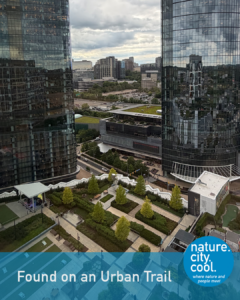 Rooftop urban park with trees, pathways and seating nestled between two reflective glass skyscrapers, city skyline beyond under a cloudy sky.
